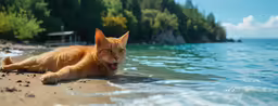a cat on the beach lays down in the water