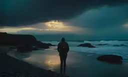 a person standing in the water at the beach