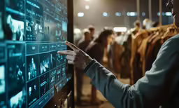 the man is using an interactive screen to discuss something