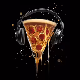a piece of pizza is shown with headphones on