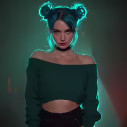 a woman with green hair and bun in front of a green wall