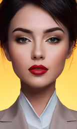 a woman with bright lipstick and a white shirt