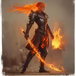 a woman with long hair standing on a piece of fire