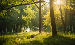 sun shining through trees in a grassy area