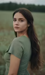 the young woman is posing for a picture in the grass