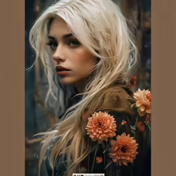 a woman with a long blond hair and flowers