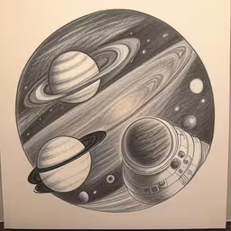 the space shuttle and planets in a drawing