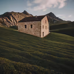 a farm house on a grassy hill with two mountain range in the background
