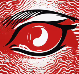 an eye drawn in red with zebra stripes on the bottom,a close up of a red eye in the center of wavy lines