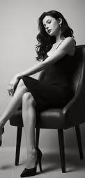 woman in black dress sitting on chair posing for a photo