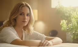 a beautiful blond woman sitting on a bed