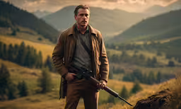a man holding a shotgun stands on a mountain,the movie starring in the west has a full length poster with a young man holding an armed rifle in his left hand