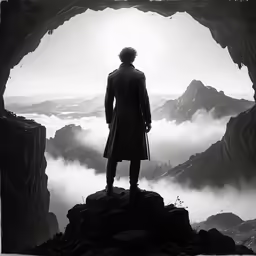 man standing at the edge of a cave looking out at fog