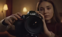 a woman is holding a camera to take a picture