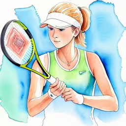 a woman holding her tennis racket while looking down,a tennis player in action with her racquet drawn in markers,a woman holding a tennis racket wearing a green shirt,a drawing of a female tennis player getting ready to hit a ball,woman tennis player holding a racket on a colorful background
