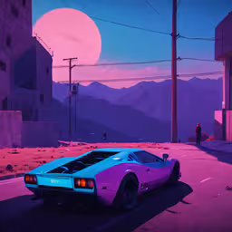 a blue and pink lamb, on the road in front of mountains,a colorful and unique car sitting on the street
