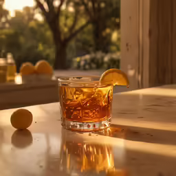 a glass filled with drinks sitting on top of a table