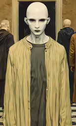 a man in a tan shirt and black pants