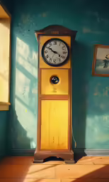 the clock is next to a painting of a woman and man