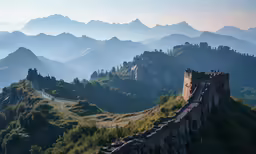 an old, dry and broken wall is shown on a steep mountain ridge