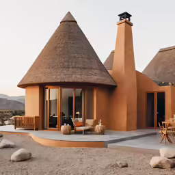 a patio area with several umbrella roofs surrounded by desert setting