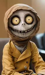 a creepy doll that is sitting on the couch