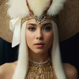 a woman wearing a hat with feathers