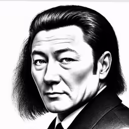 a black and white image of a person with an asian look