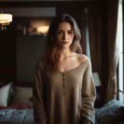 a woman is standing in a dark bedroom
