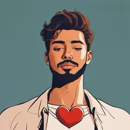 a painting of a man holding a heart shaped object,a man with a heart shaped shirt on his chest