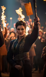a woman holding a large stick with gold sparklers