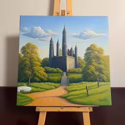a small painting of an architectural castle in the field,an easel with a painting on it of a castle