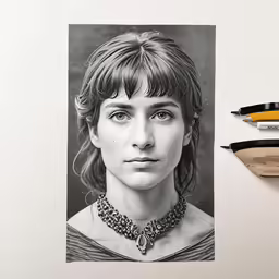 a portrait and two markers next to a pencil on a table