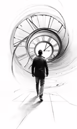 man walking under a spirally shaped structure while holding a skateboard