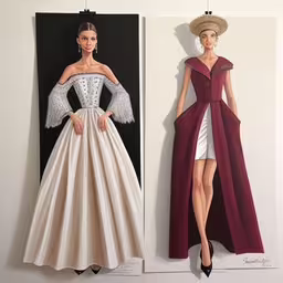paper art of dress designs in two separate sections,two pictures of people wearing dresses and hats,the dresses are for adults and children,some paper dolls are arranged in a line on a wall,there is a paper model of a woman in a dress