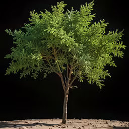 a large green tree growing from a sandy area