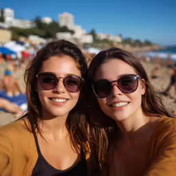 two women in sunglasses are sitting on the beach