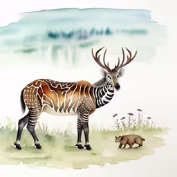 a painting with an animal and a bear in the background,the picture has an animal that is on the ground