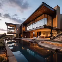 the exterior of a house with large swimming pool