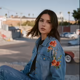 a woman is sitting in the middle of the street wearing a jean jacket with floral embroidery on it