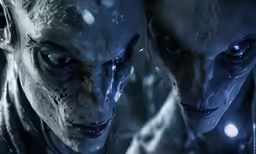 two humanoids, one staring down at the camera