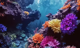 some flowers growing from the rocks under water