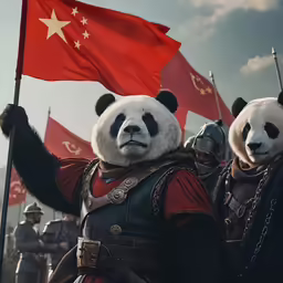 two pandas that are holding some flags