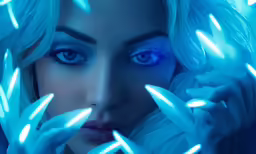a very pretty girl posing with some lights in her hands