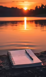 a notebook is sitting next to the water with a pen on it