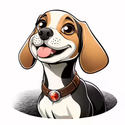 the image shows a beagle dog with its tongue sticking out