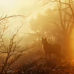 a lone wolf standing in the forest on a misty day