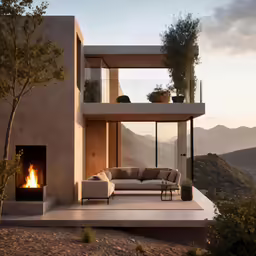 there is a couch and a coffee table next to a modern style fire place