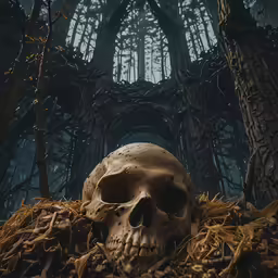 a skull sitting in the middle of trees