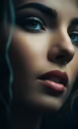a woman with blue eyes wearing makeup is looking up